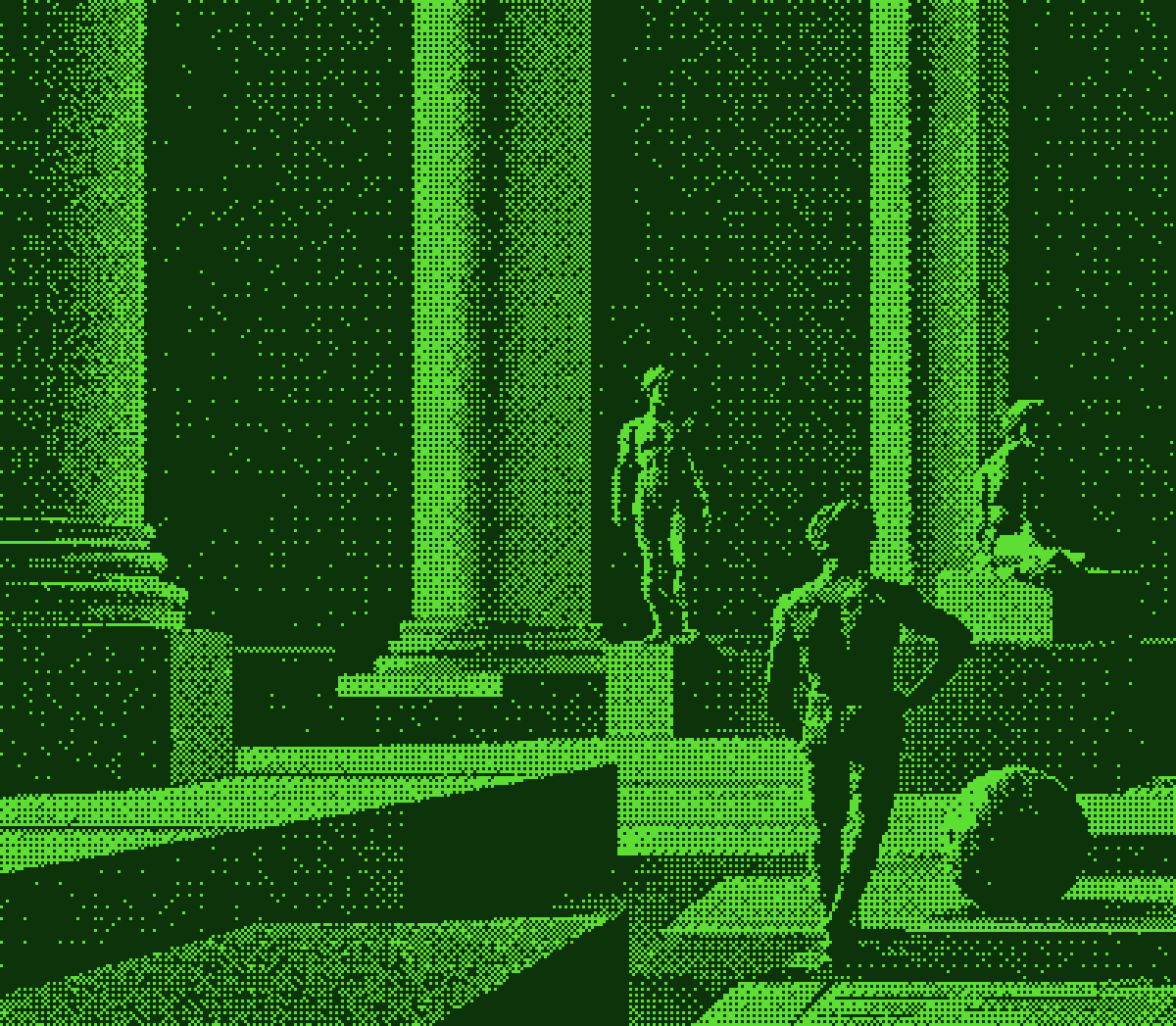 Dithered hall of columns with statues on stepped pedestals